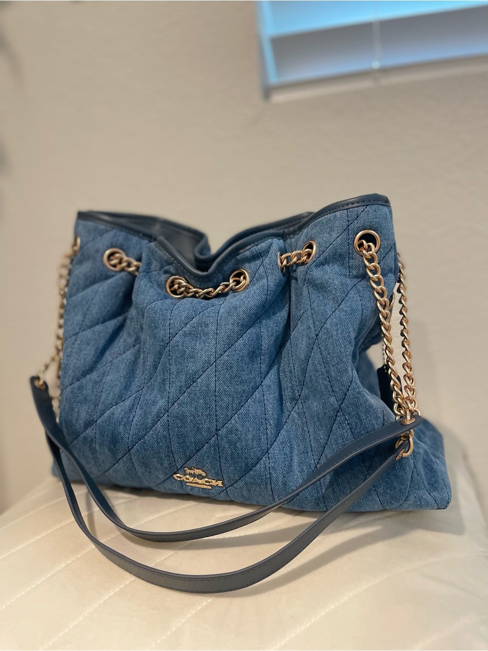 Coach Quilted Denim Shoulder Bag with Gold Chain Trim , preloved, good condition